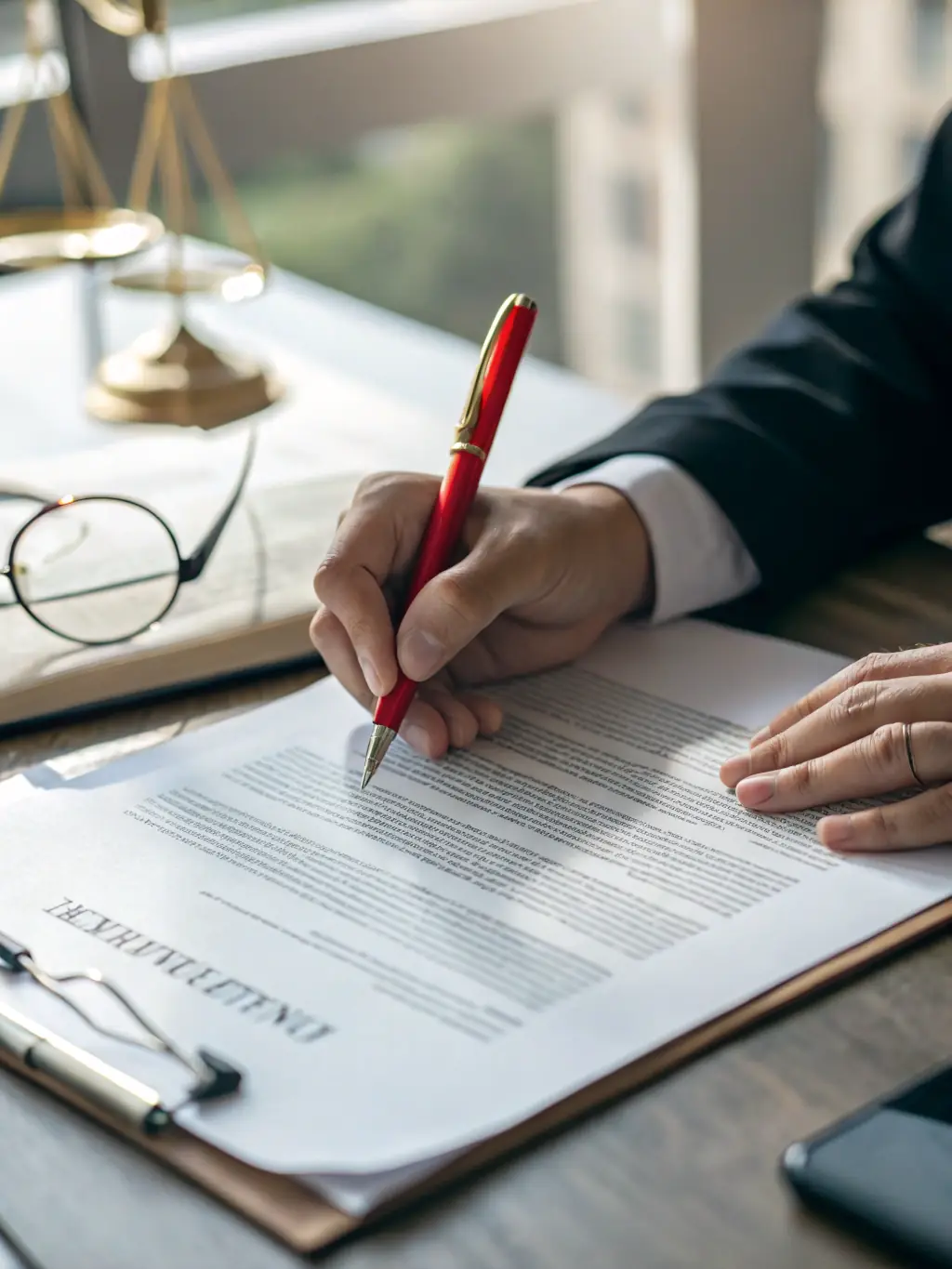 A lawyer reviewing a detailed contract, highlighting the firm's meticulous approach to contract law and ensuring client protection.