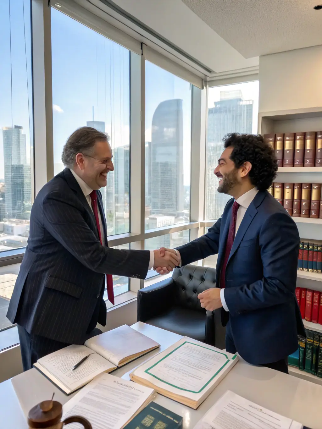 A professional lawyer in a suit shaking hands with a client, symbolizing trust and partnership in legal matters.