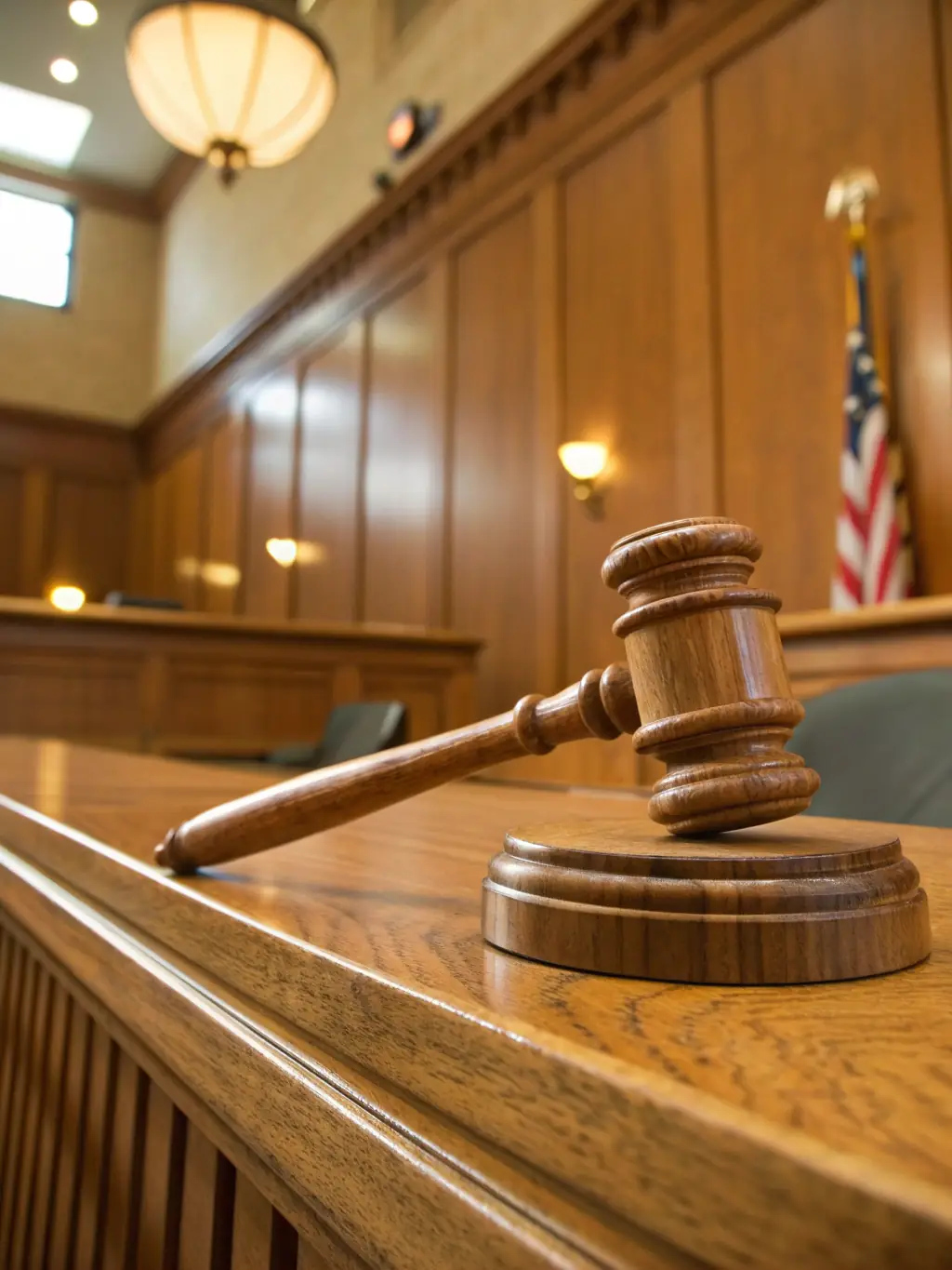 A judge's hammer hitting the block in a courtroom, symbolizing criminal law. The image should convey justice and legal authority.