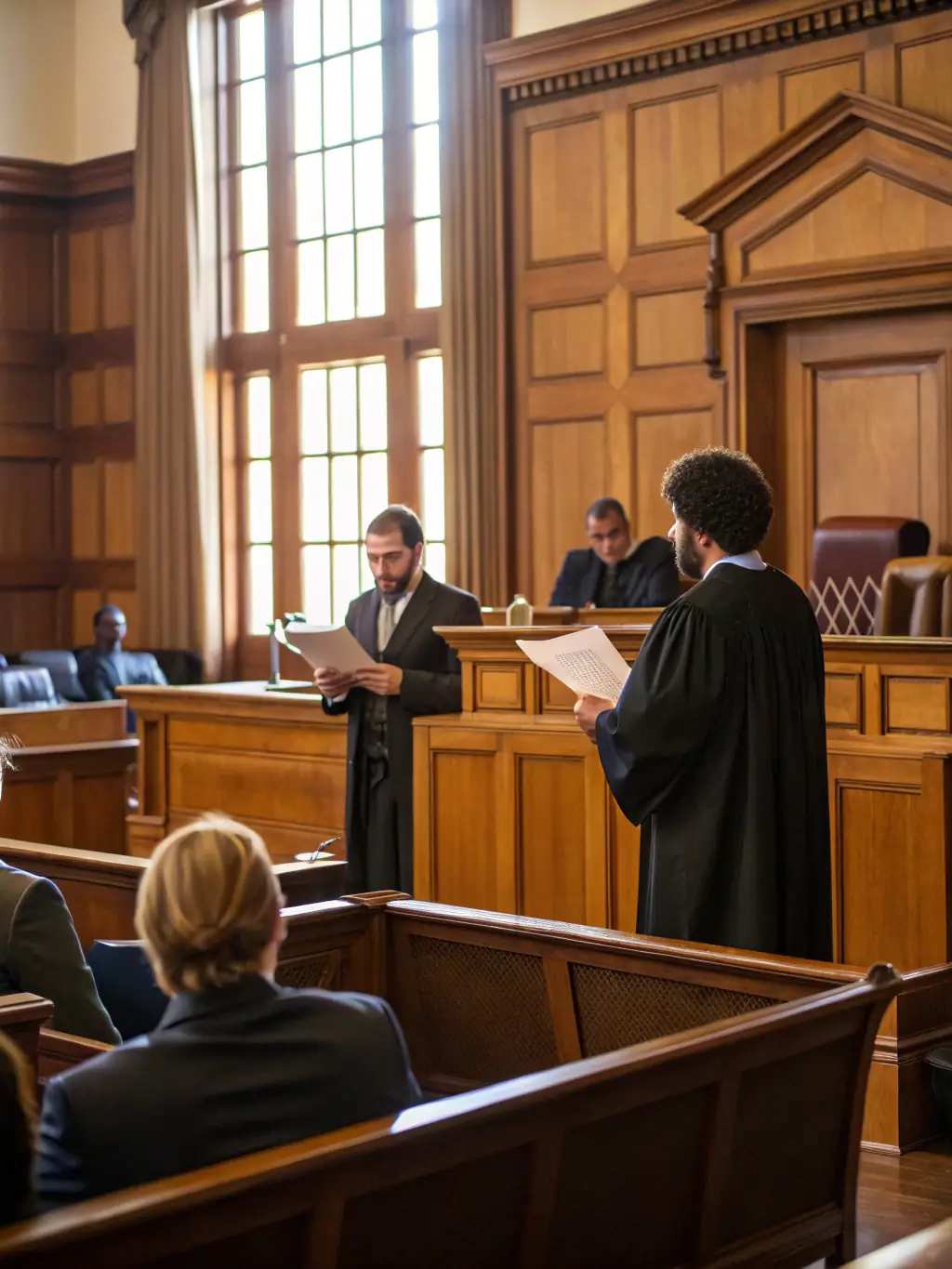 A courtroom scene with lawyers presenting a case, illustrating the firm's litigation skills and commitment to achieving favorable outcomes.