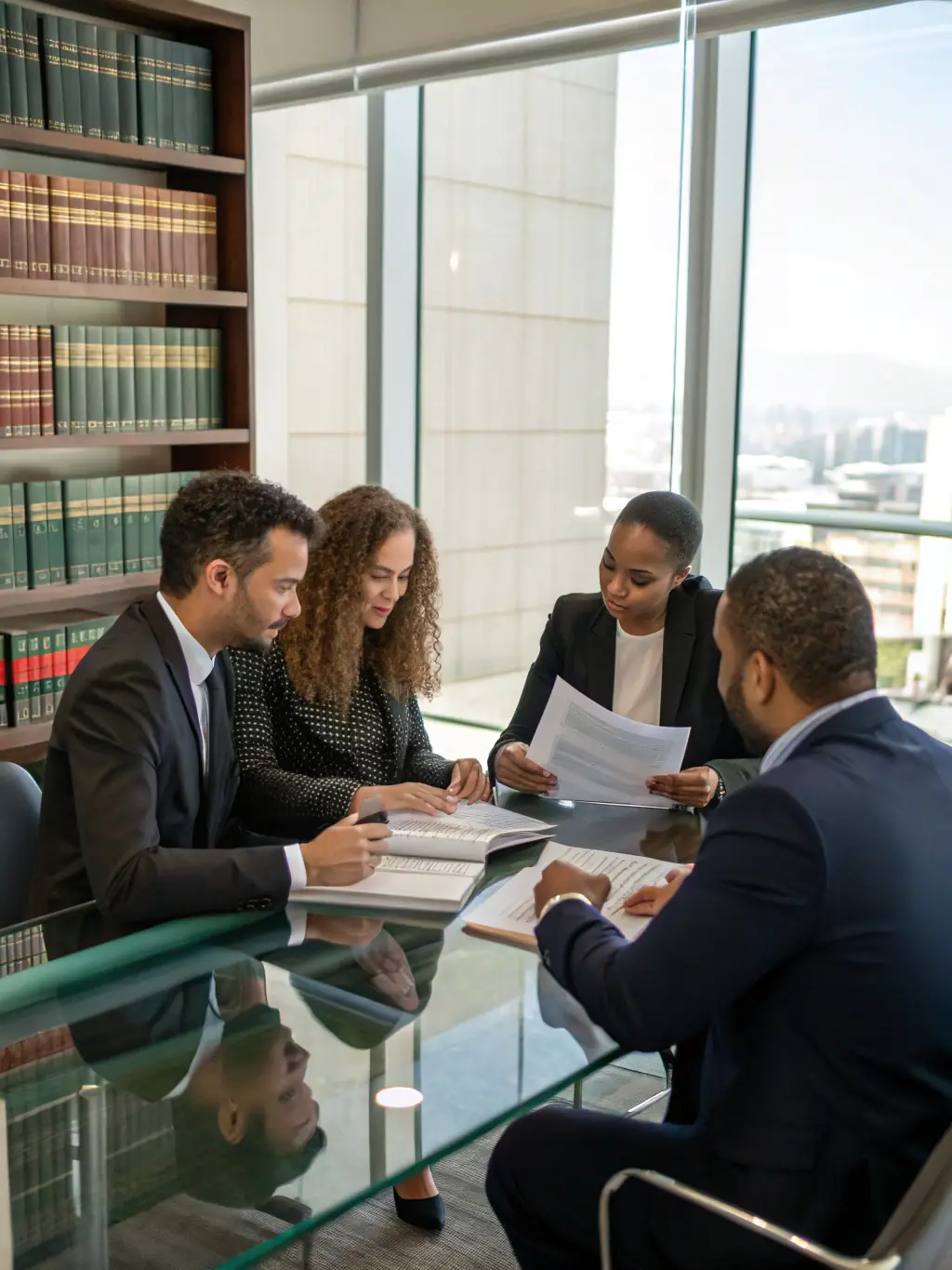 A diverse team of lawyers collaborating in a modern office, showcasing the firm's collaborative approach.