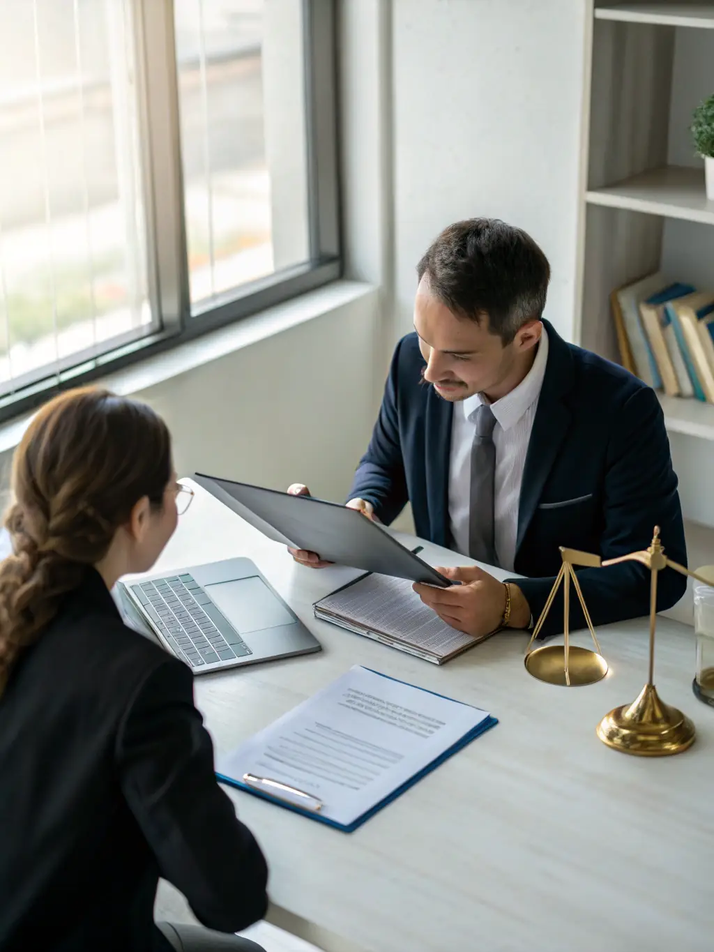 A lawyer listening attentively to a client, highlighting the firm's client-focused approach and commitment to understanding their needs.